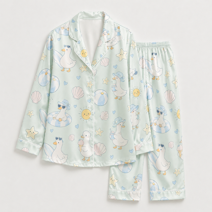 PJ-M002-Whimsical Summer Beach Duck Motif Mint Green Silky Satin Pajama Sleepwear And Lounge Set
