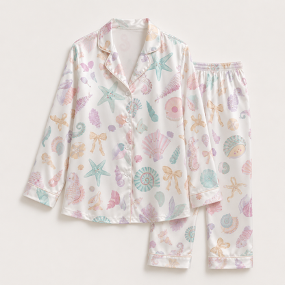 PJ-M003-Dreamy Pastel Seashell And Seahorse Print White Silky Satin Sleepwear Lounge Pajama Coordinate Set