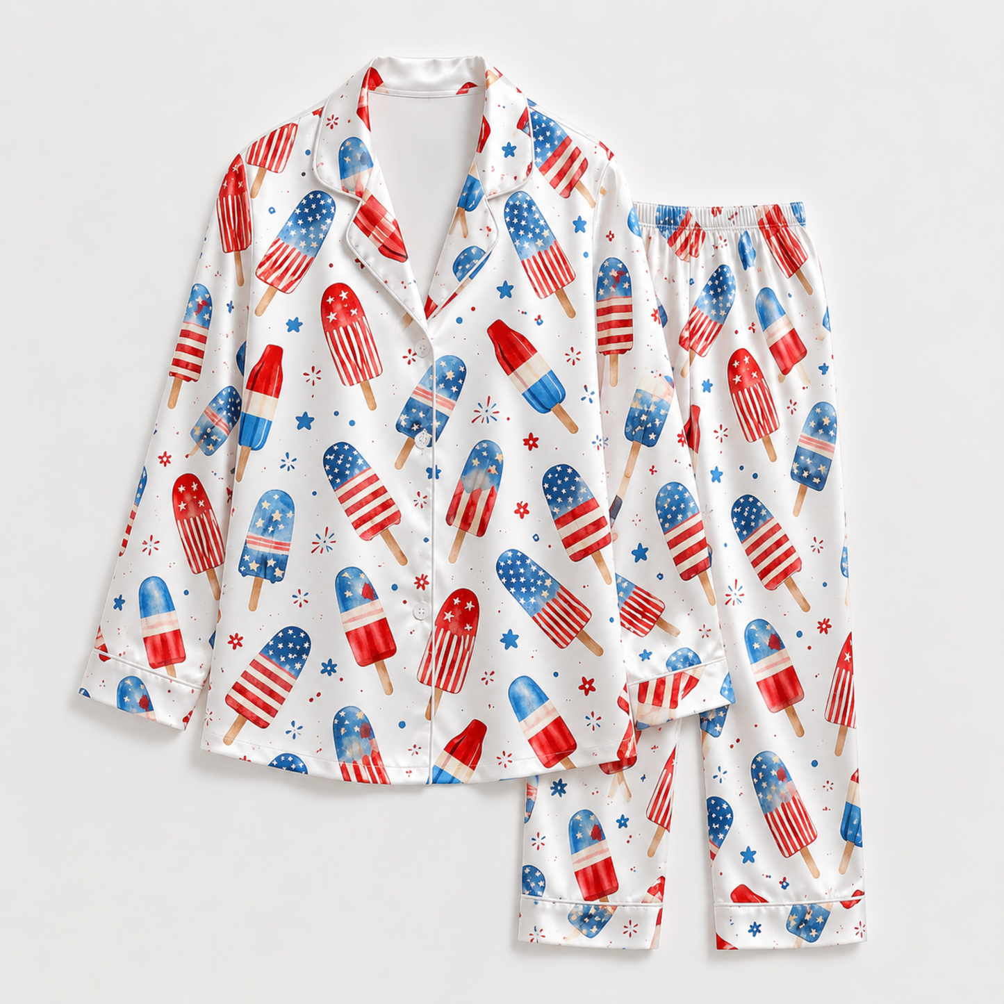 PJ-M004-Festive Americana Star And Stripe Popsicle Pattern White Satin Sleepwear Lounge Pajama Coordinate Ensemble