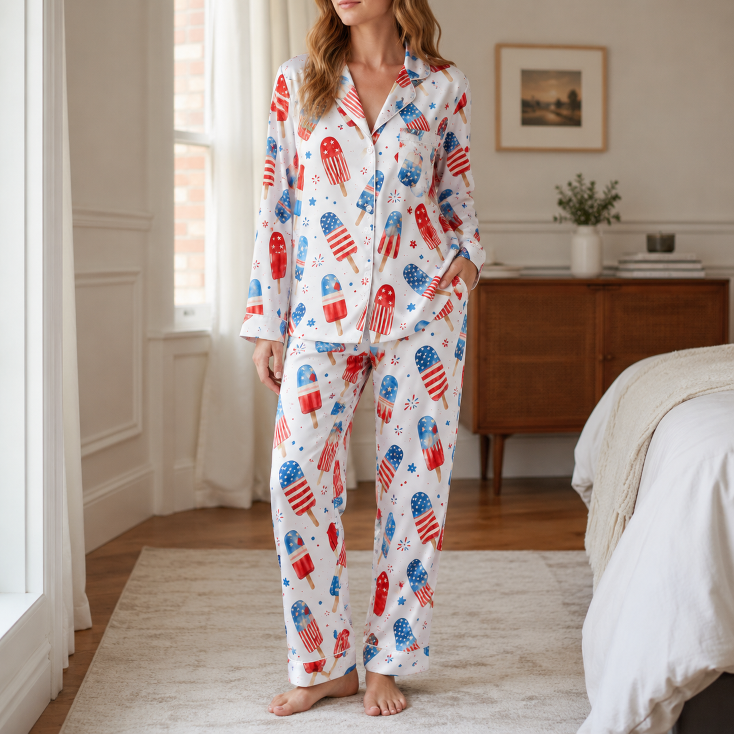 PJ-M004-Festive Americana Star And Stripe Popsicle Pattern White Satin Sleepwear Lounge Pajama Coordinate Ensemble