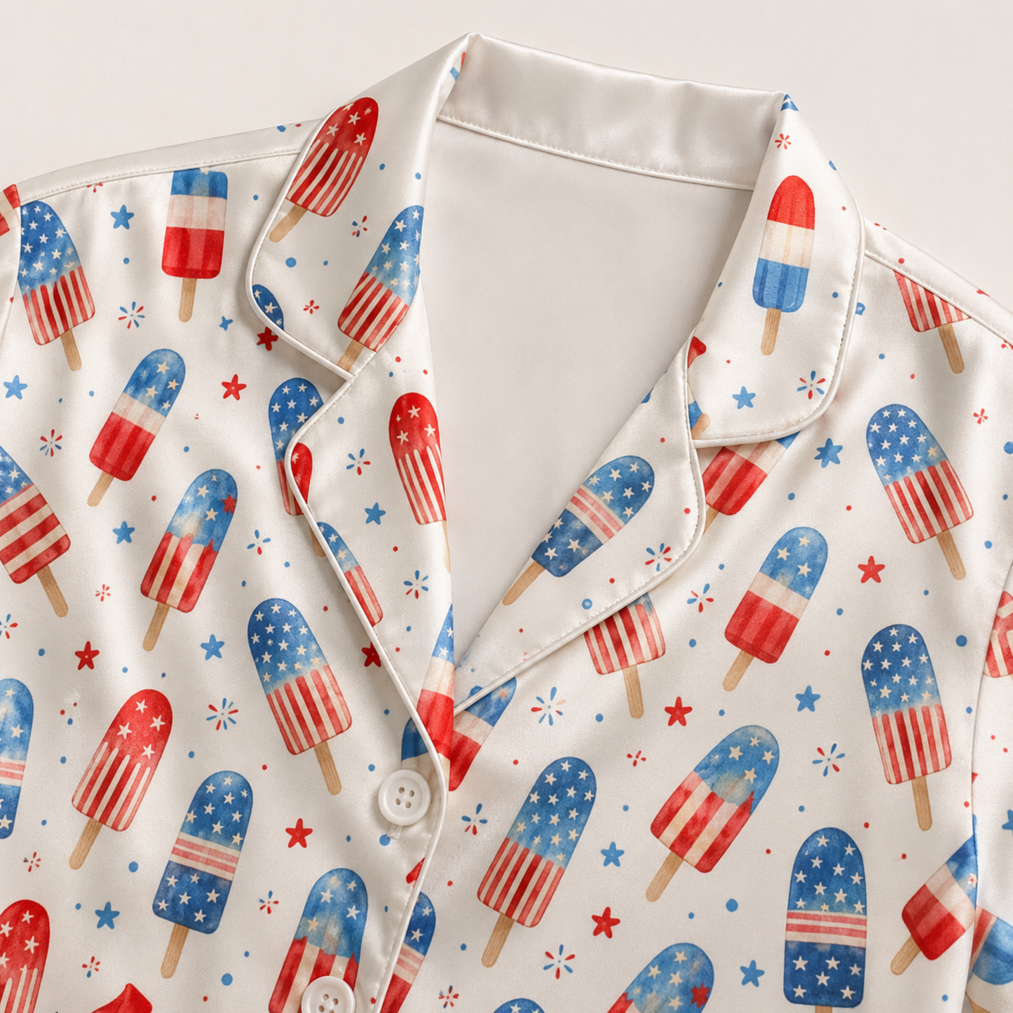 PJ-M004-Festive Americana Star And Stripe Popsicle Pattern White Satin Sleepwear Lounge Pajama Coordinate Ensemble