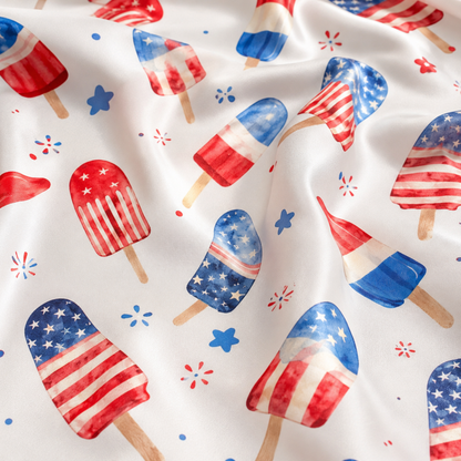 PJ-M004-Festive Americana Star And Stripe Popsicle Pattern White Satin Sleepwear Lounge Pajama Coordinate Ensemble