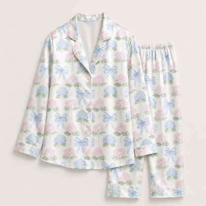 PJ-M005-Pastel Hydrangea Floral And Blue Ribbon Bow Print White Satin Sleepwear Pajama Set