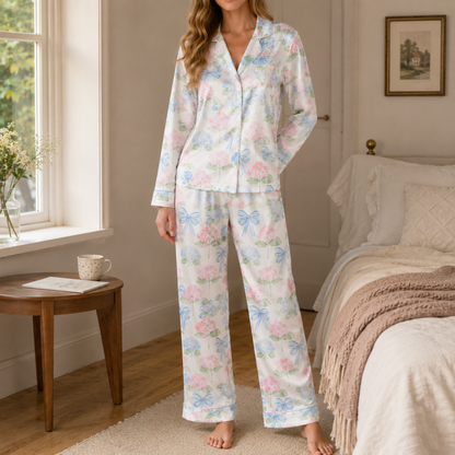 PJ-M005-Pastel Hydrangea Floral And Blue Ribbon Bow Print White Satin Sleepwear Pajama Set