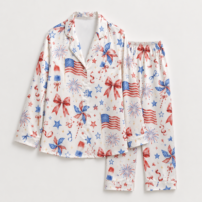 PJ-M006-White Satin Sleepwear Coordinate Featuring Patriotic Flags Fireworks Pinwheels And Festive Red Bows