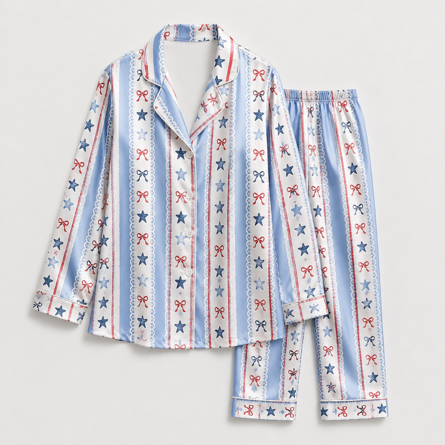 PJ-M007-Coquette Inspired Blue Striped Satin Sleepwear Featuring Red Bows Delicate Lace And Star Motifs
