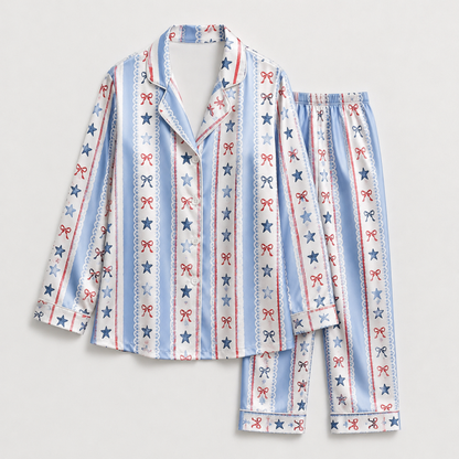 PJ-M007-Coquette Inspired Blue Striped Satin Sleepwear Featuring Red Bows Delicate Lace And Star Motifs