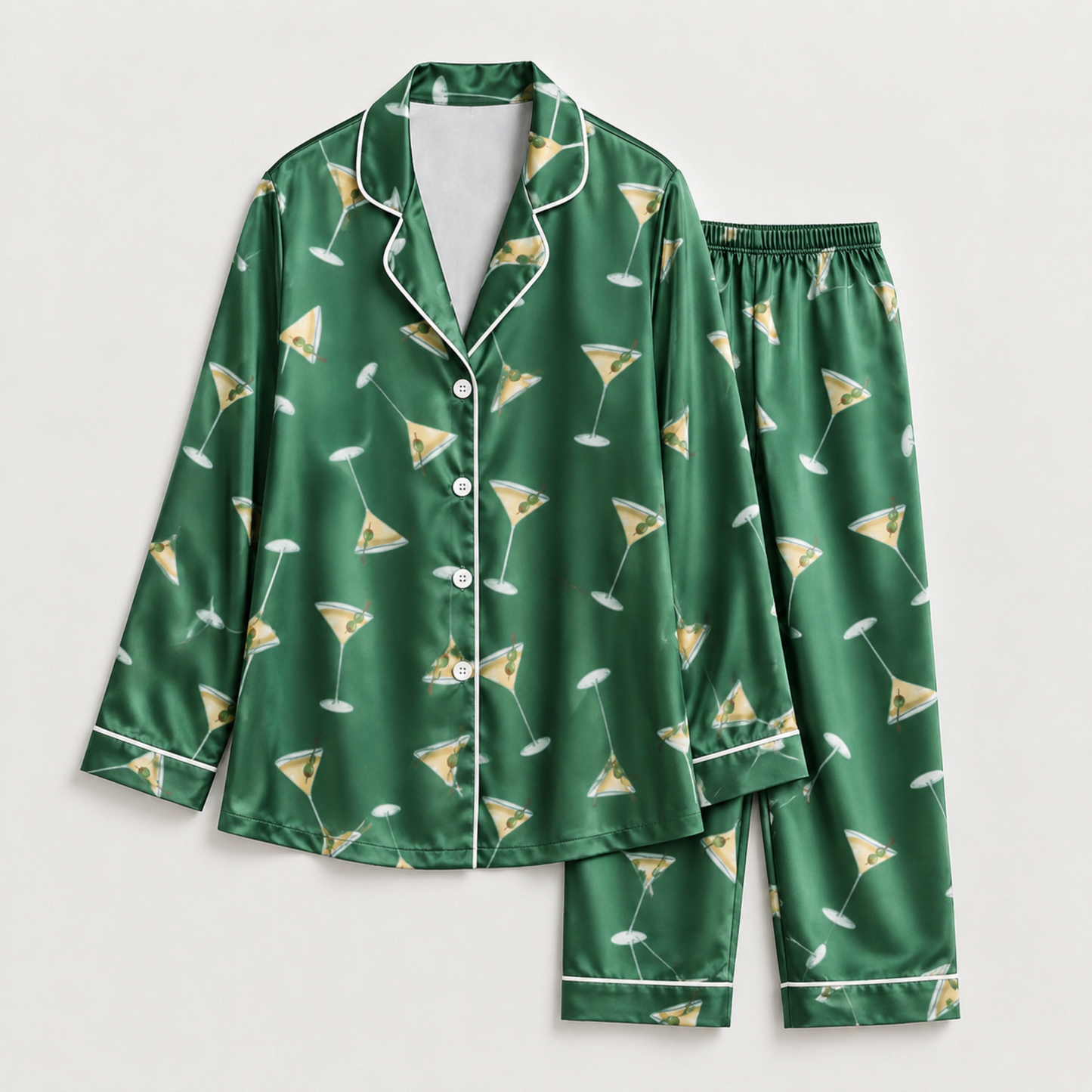 PJ-M008-Chic Forest Green Cocktail Martini Pattern Glossy Satin Sleepwear Pajama Matching Coordinate Lounge Ensemble