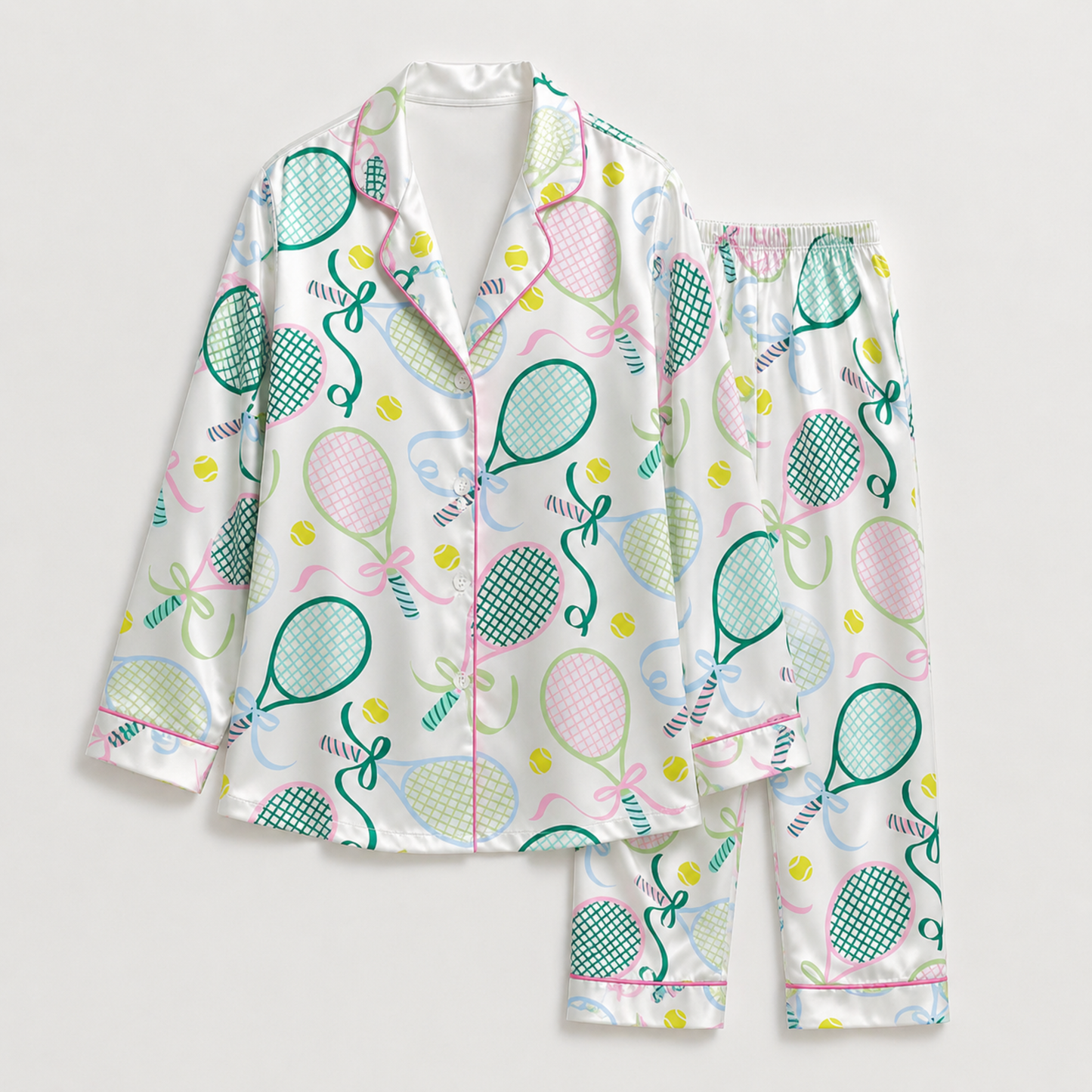 PJ-M010-Preppy Tennis Racket Print White Satin Sleepwear Pajama Set With Pink Piping And Bows