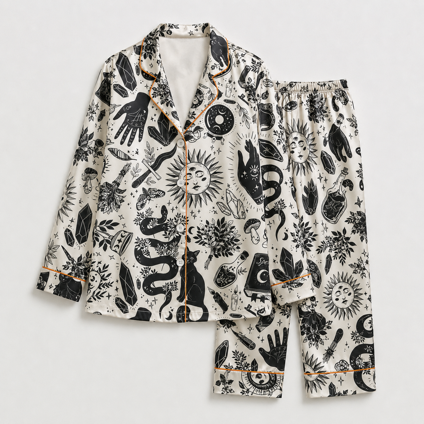PJ-M011-Mystical Black Magic Celestial Sun Moon And Cat Print Cream Satin Sleepwear Pajama Set