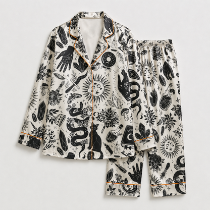 PJ-M011-Mystical Black Magic Celestial Sun Moon And Cat Print Cream Satin Sleepwear Pajama Set