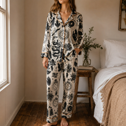 PJ-M011-Mystical Black Magic Celestial Sun Moon And Cat Print Cream Satin Sleepwear Pajama Set