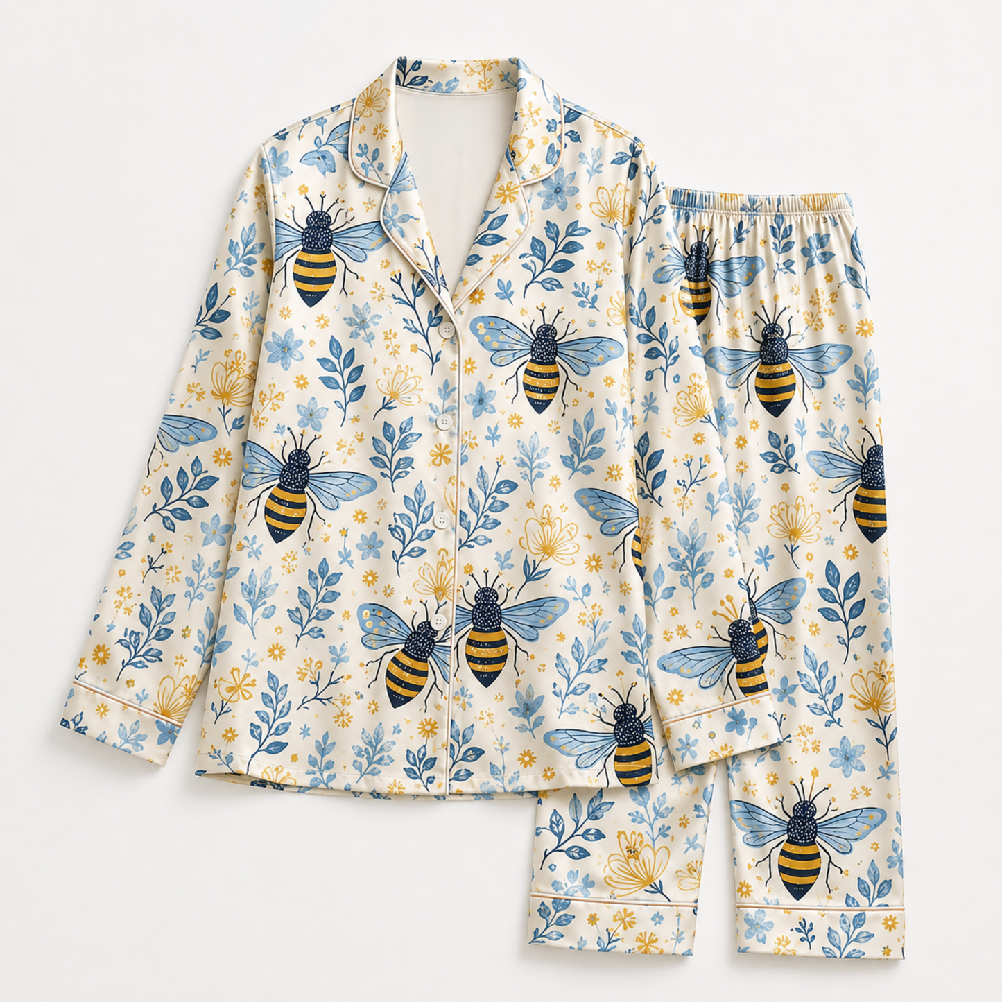 PJ-M013-Bumblebee And Blue Botanical Pattern Cream Satin Button Down Sleepwear Pajama Coordinate Set