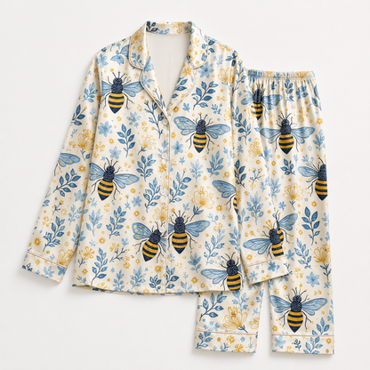 PJ-M013-Bumblebee And Blue Botanical Pattern Cream Satin Button Down Sleepwear Pajama Coordinate Set