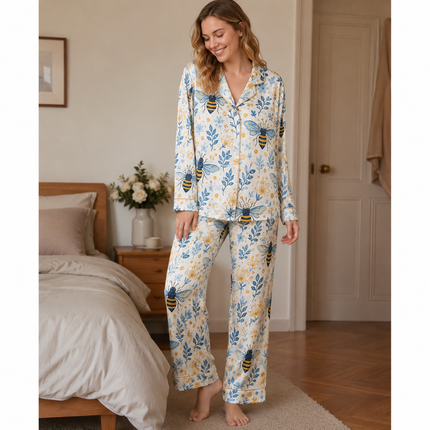 PJ-M013-Bumblebee And Blue Botanical Pattern Cream Satin Button Down Sleepwear Pajama Coordinate Set