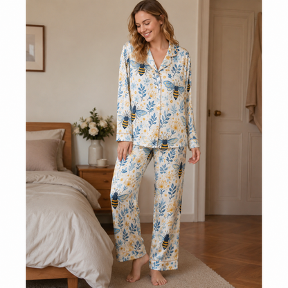PJ-M013-Bumblebee And Blue Botanical Pattern Cream Satin Button Down Sleepwear Pajama Coordinate Set