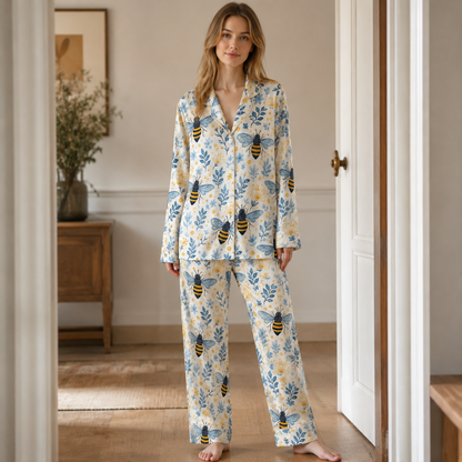 PJ-M013-Bumblebee And Blue Botanical Pattern Cream Satin Button Down Sleepwear Pajama Coordinate Set