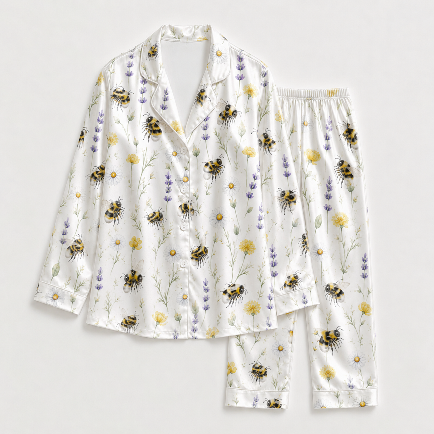 PJ-M014-Lavender And Yellow Daisy Bumblebee Floral Print White Satin Sleepwear Lounge Pajama Coordinate Set