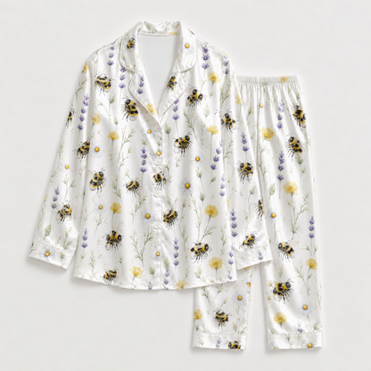 PJ-M014-Lavender And Yellow Daisy Bumblebee Floral Print White Satin Sleepwear Lounge Pajama Coordinate Set
