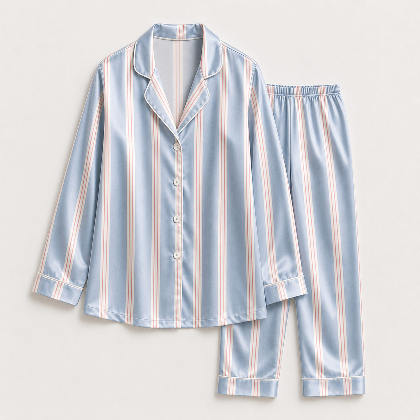 PJ-M015-Classic Ice Blue And Blush Pink Vertical Striped Satin Button Down Sleepwear Pajama Set