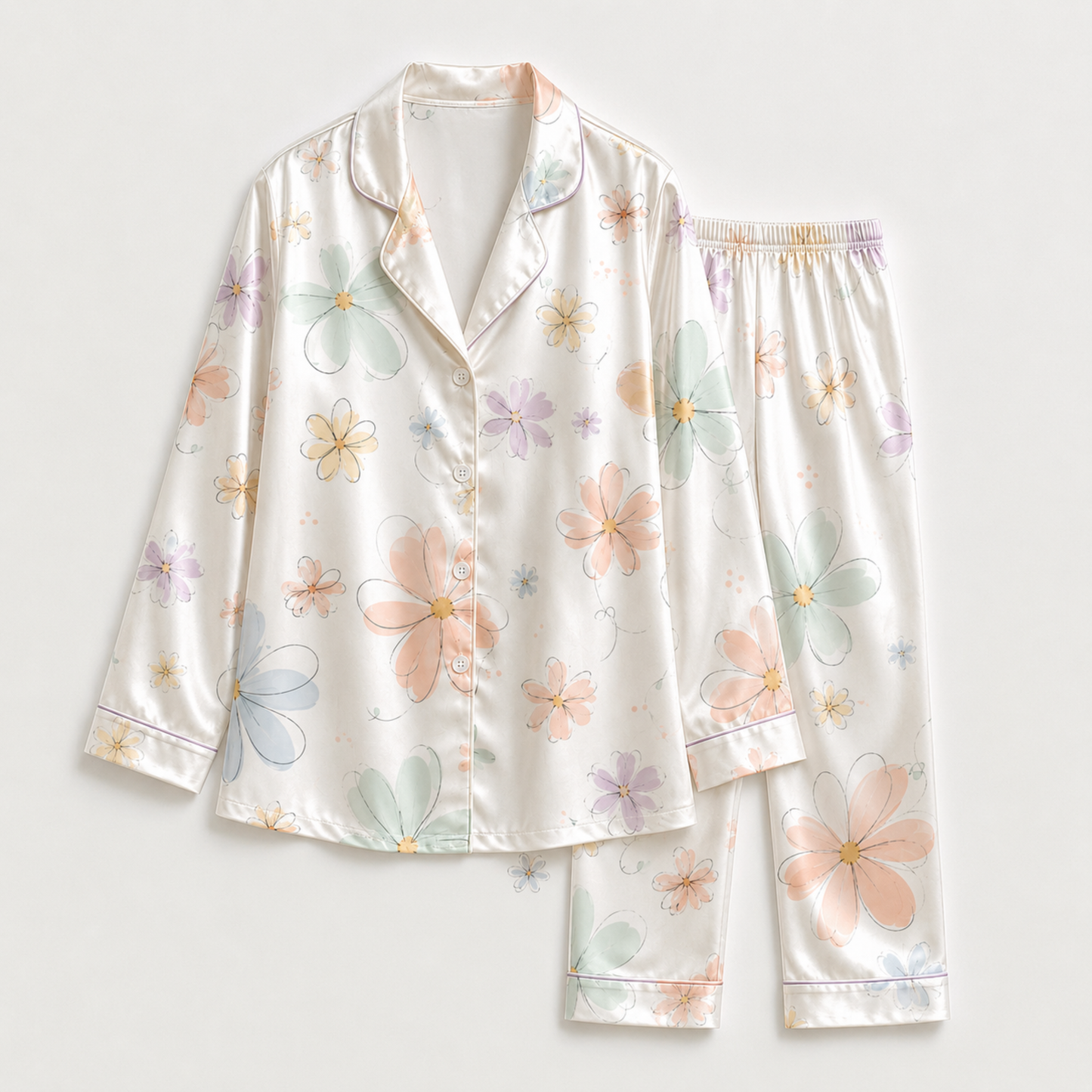 PJ-M017-Pastel Daisy Floral Print Cream Satin Sleepwear Lounge Pajama Coordinate Matching Attire Set