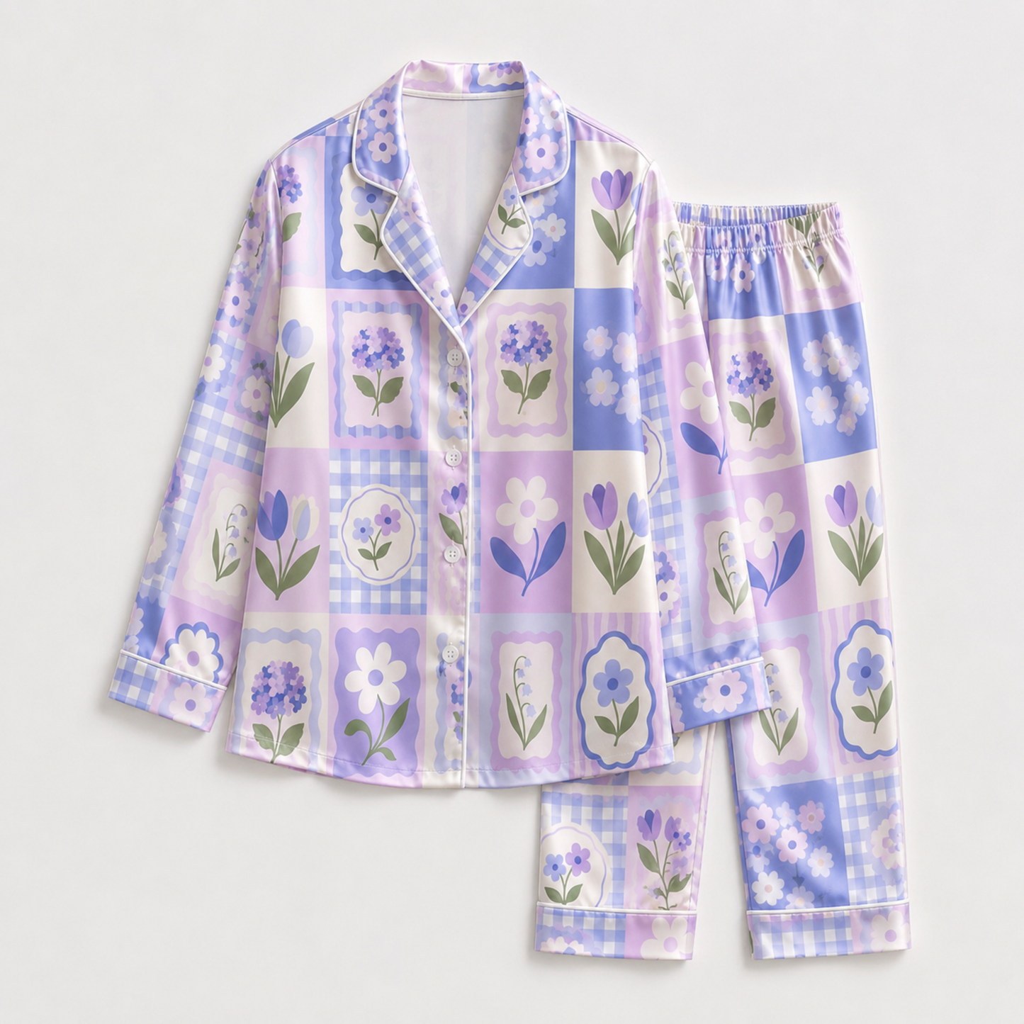 PJ-M018-Lilac Purple Floral Patchwork Gingham Grid Pattern Satin Button Front Sleepwear Pajama Matching Set