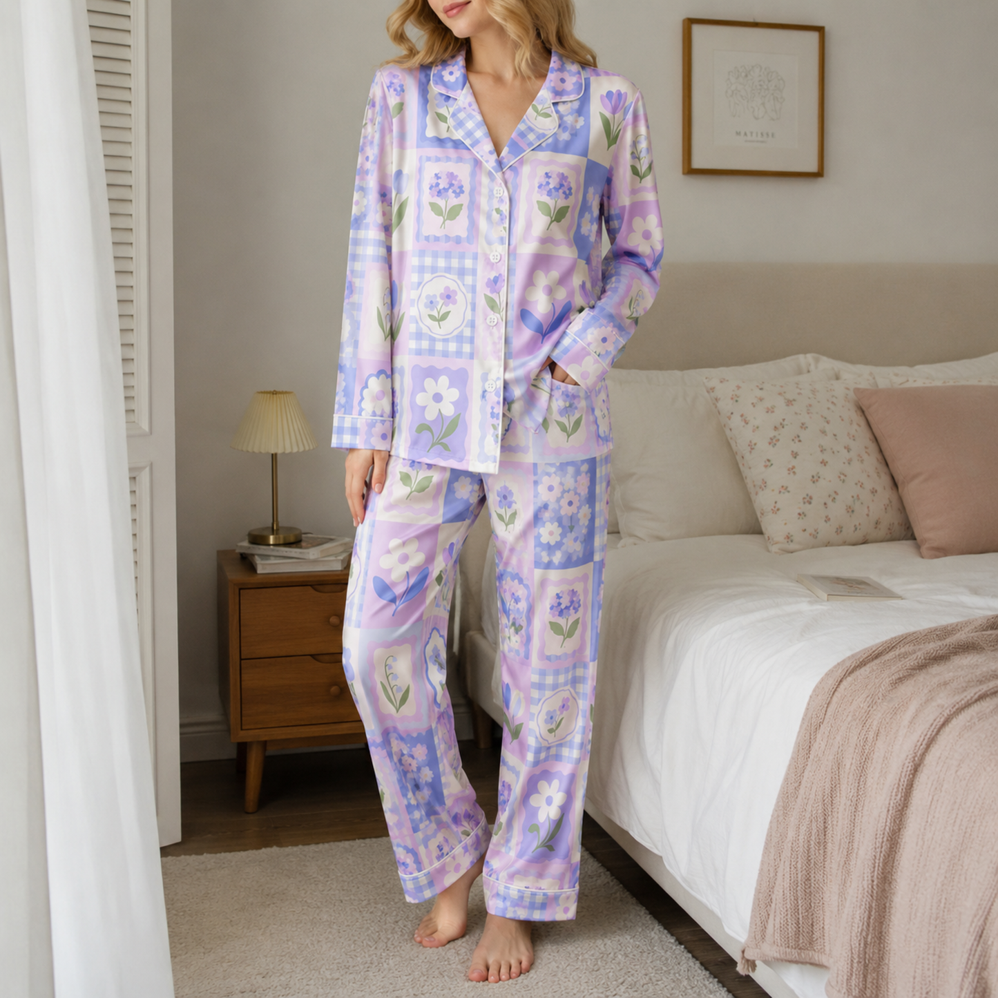 PJ-M018-Lilac Purple Floral Patchwork Gingham Grid Pattern Satin Button Front Sleepwear Pajama Matching Set