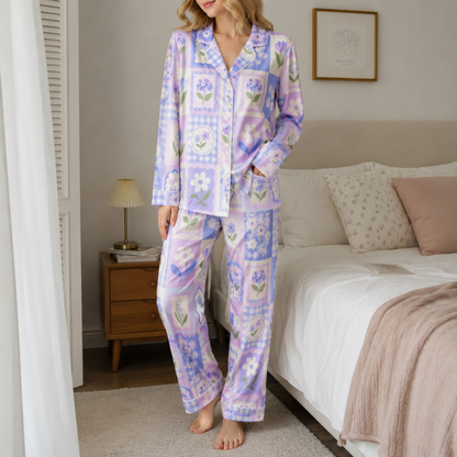PJ-M018-Lilac Purple Floral Patchwork Gingham Grid Pattern Satin Button Front Sleepwear Pajama Matching Set