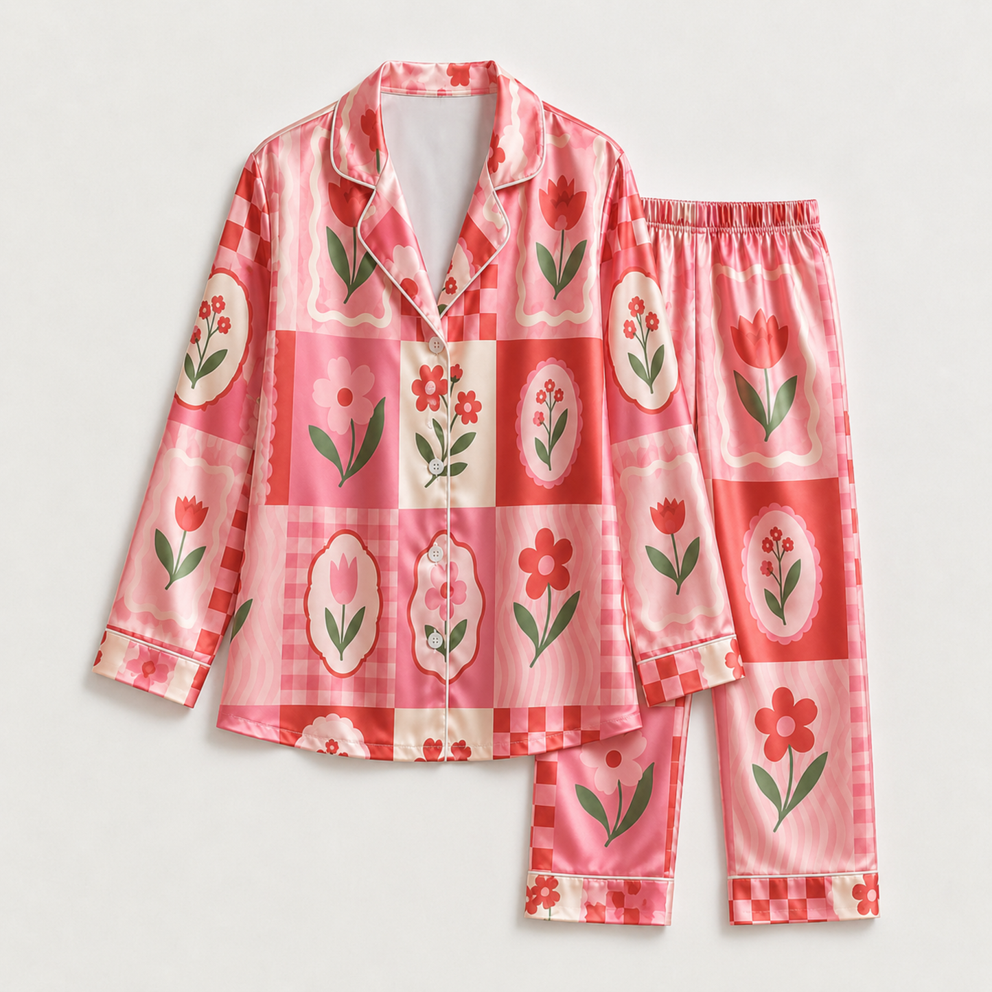 PJ-M019-Vibrant Pink And Red Floral Checkerboard Patchwork Satin Button Down Sleepwear Pajama Lounge Set