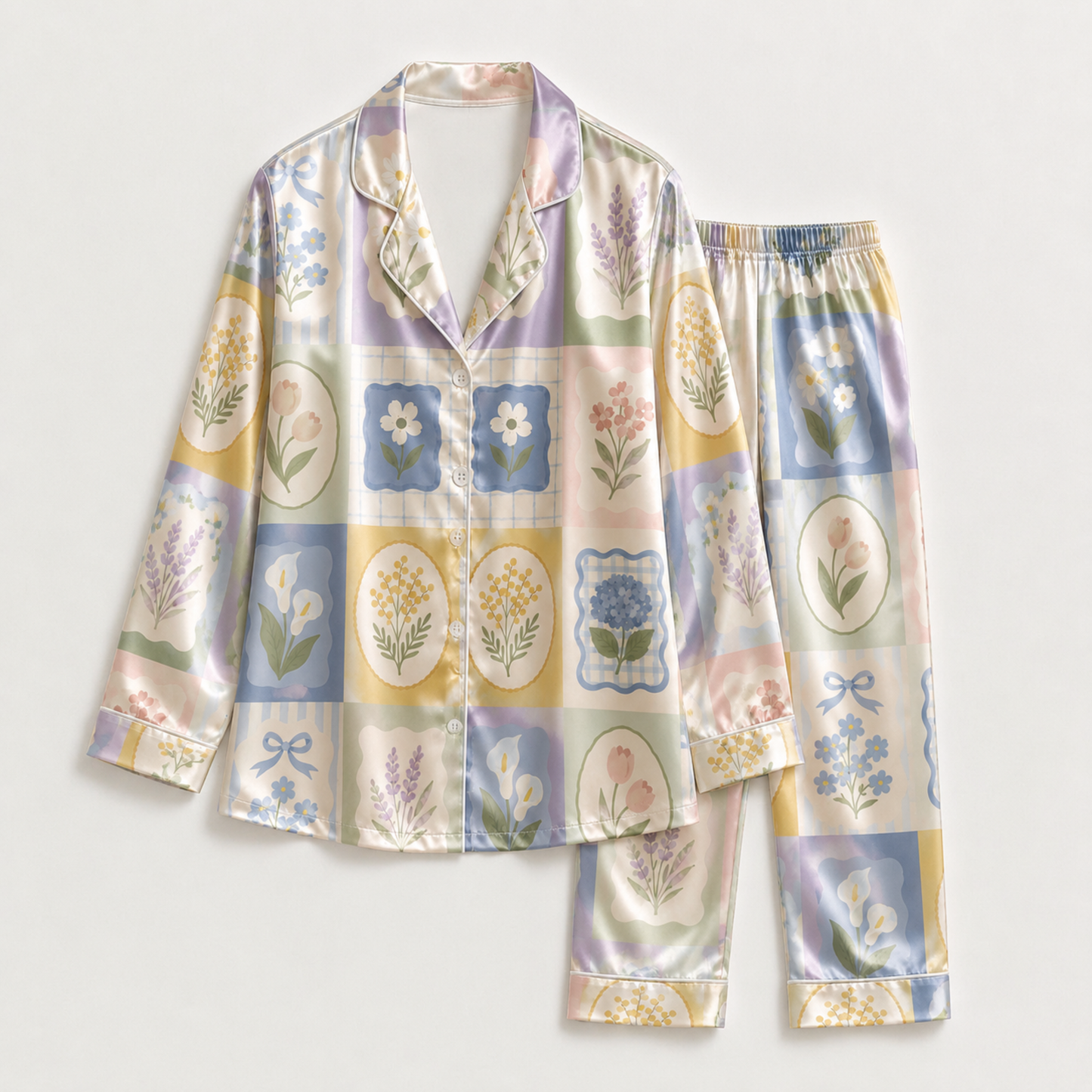 PJ-M020-Pastel Botanical Floral Patchwork Grid Pattern Satin Button Down Pajama Lounge Sleepwear Set