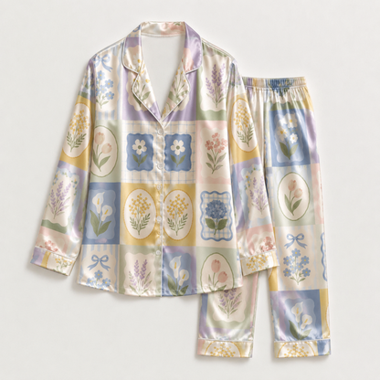 PJ-M020-Pastel Botanical Floral Patchwork Grid Pattern Satin Button Down Pajama Lounge Sleepwear Set