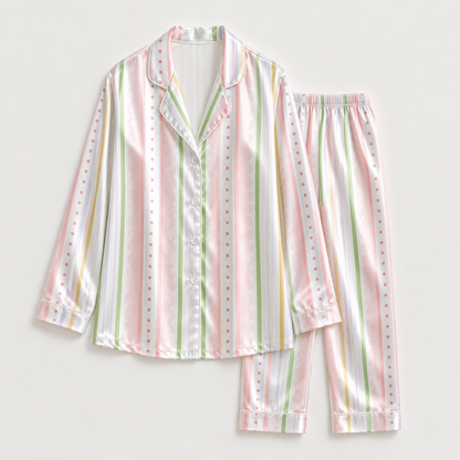 PJ-M021-Pastel Multicolor Striped Scalloped Polka Dot Pattern Satin Button Down Sleepwear Pajama Lounge Set
