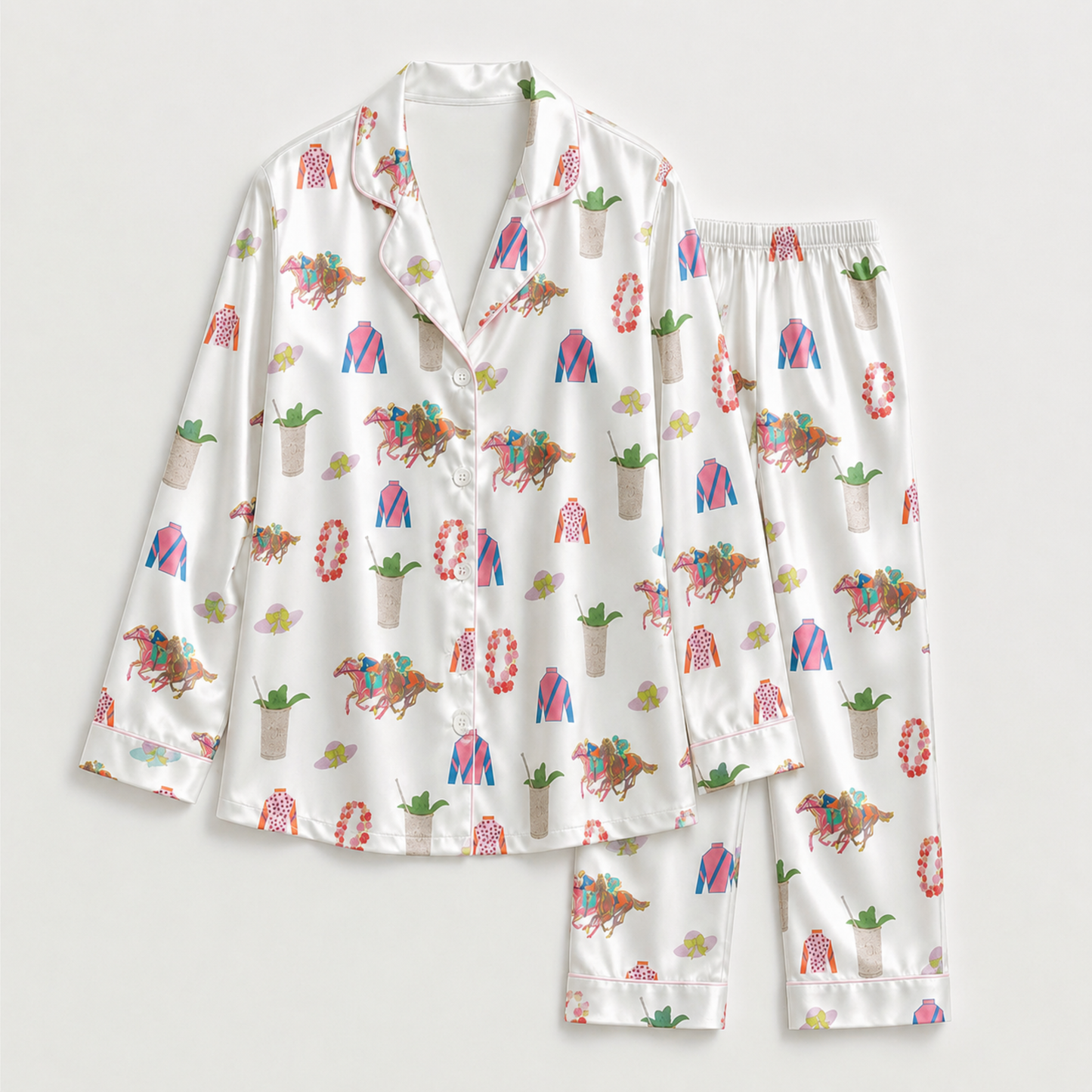 PJ-M022-White Satin Button Down Lounge Pajama Set Featuring Preppy Equestrian Horse Racing Derby Prints