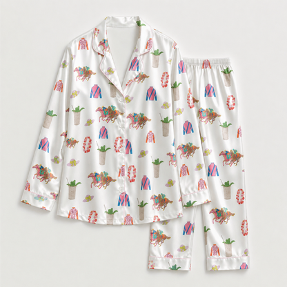 PJ-M022-White Satin Button Down Lounge Pajama Set Featuring Preppy Equestrian Horse Racing Derby Prints