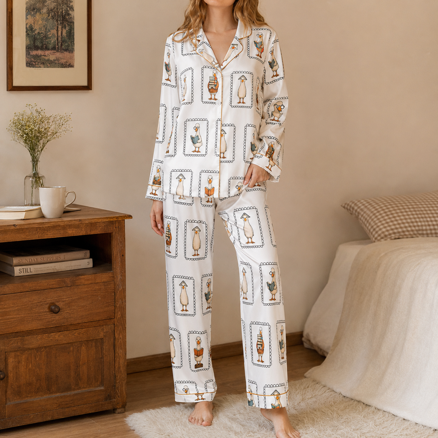 PJ-M023-Novelty Reading Duck Illustrated Pattern White Satin Button Front Sleepwear Pajama Lounge Matching Set