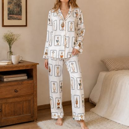 PJ-M023-Novelty Reading Duck Illustrated Pattern White Satin Button Front Sleepwear Pajama Lounge Matching Set