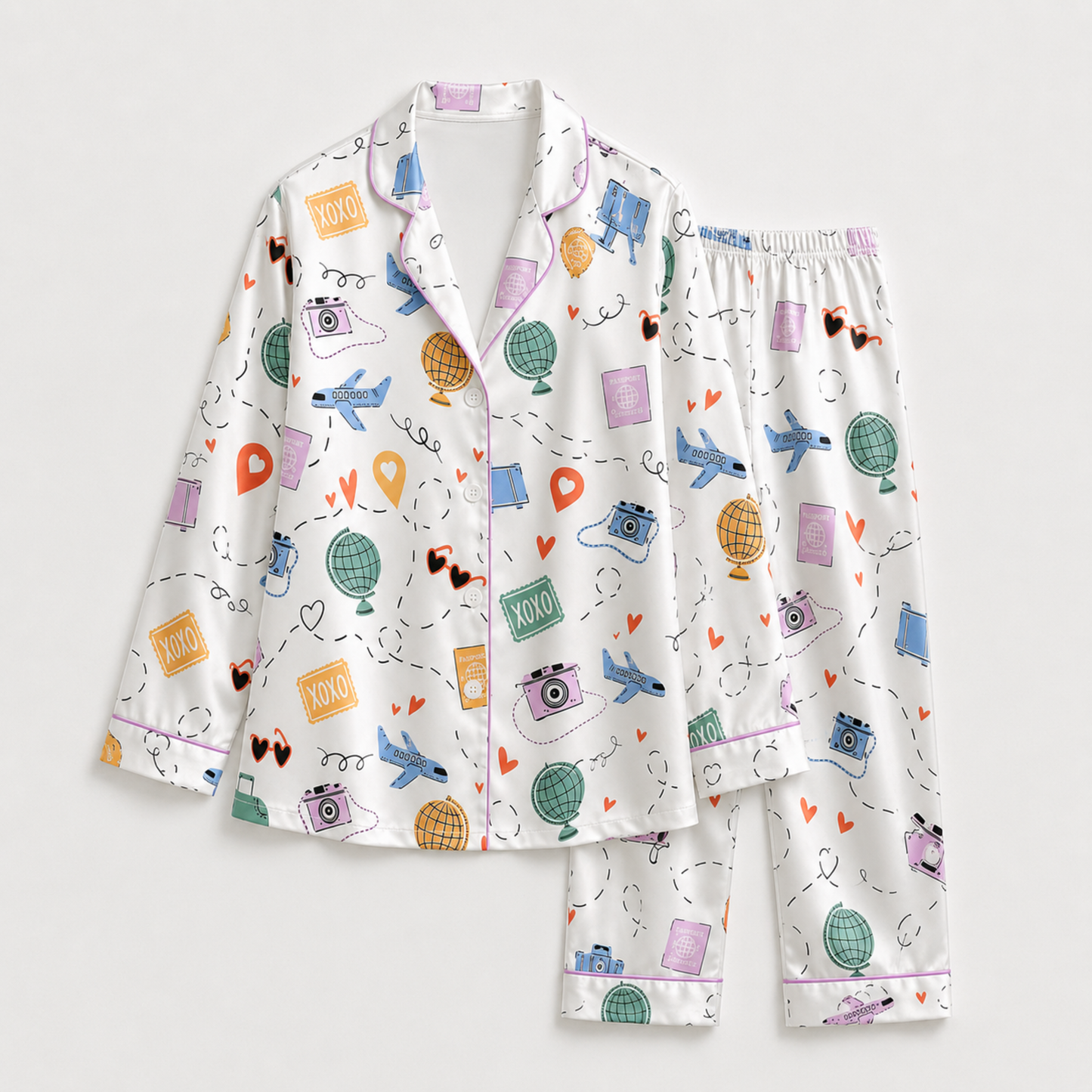 PJ-M024-Airplane And Globe Travel Theme White Satin Button Down Sleepwear Pajama Lounge Coordinate Set
