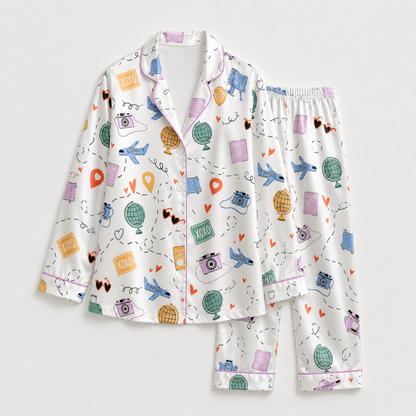 PJ-M024-Airplane And Globe Travel Theme White Satin Button Down Sleepwear Pajama Lounge Coordinate Set