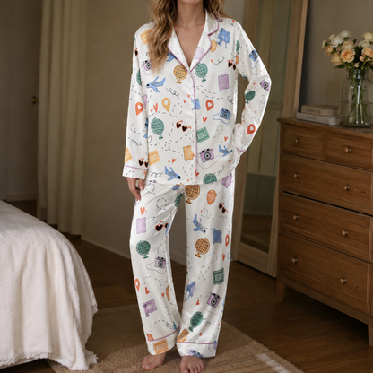 PJ-M024-Airplane And Globe Travel Theme White Satin Button Down Sleepwear Pajama Lounge Coordinate Set