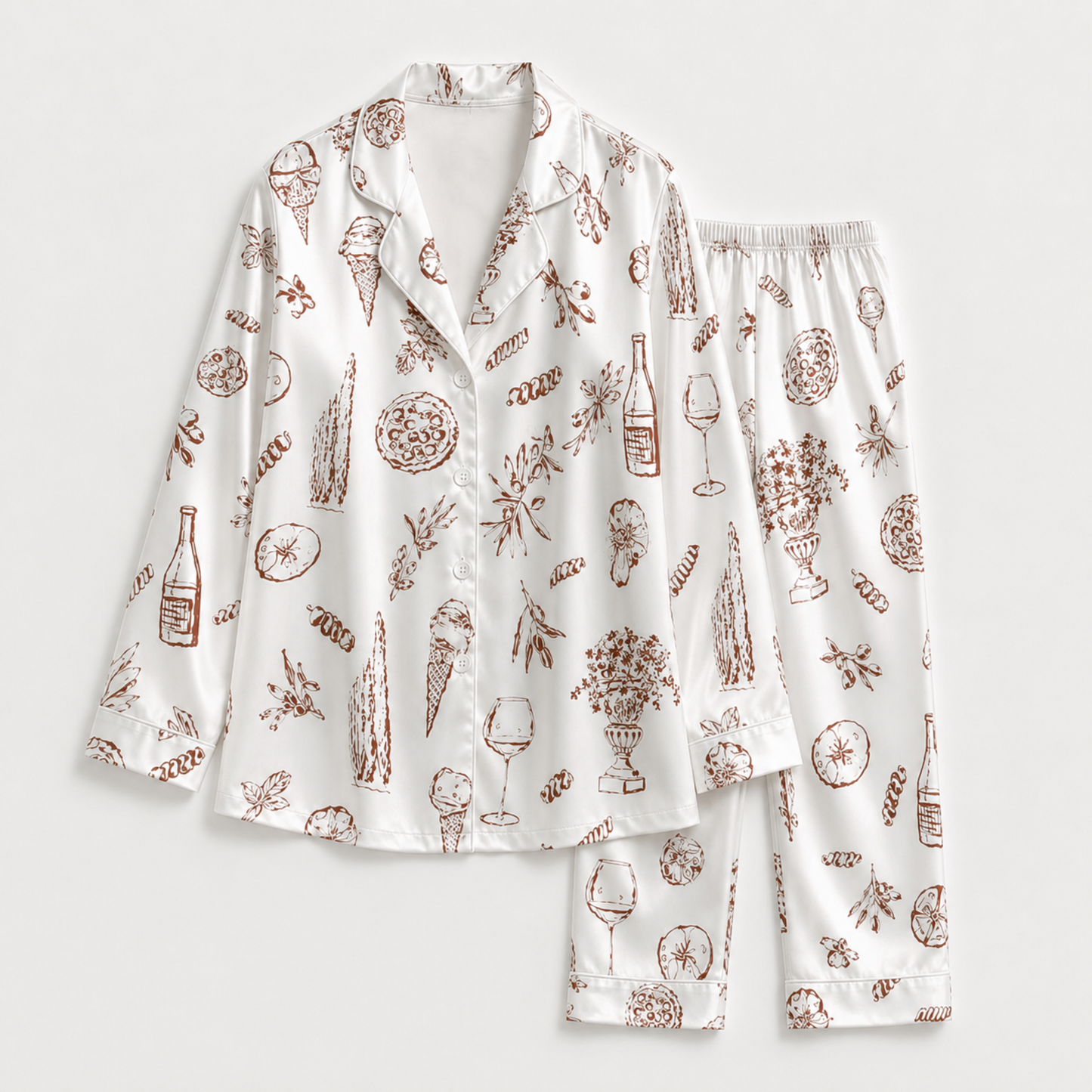 PJ-M025-Mediterranean Italian Food And Wine Print White Satin Button Down Sleepwear Pajama Lounge Set
