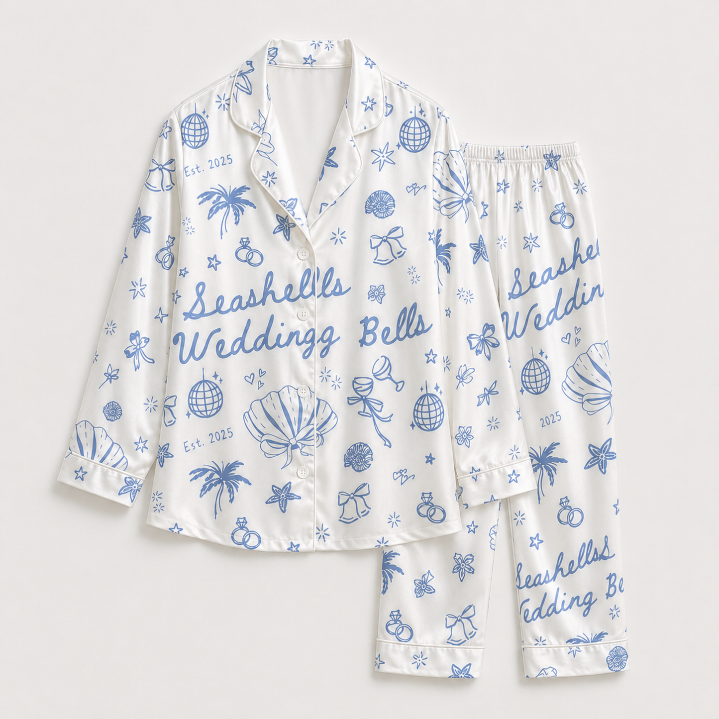 PJ-M026-Bridal Beach Wedding Seashell Disco Blue Graphic White Satin Button Down Pajama Lounge Set