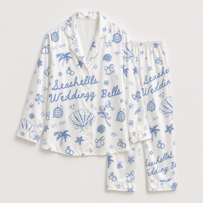 PJ-M026-Bridal Beach Wedding Seashell Disco Blue Graphic White Satin Button Down Pajama Lounge Set