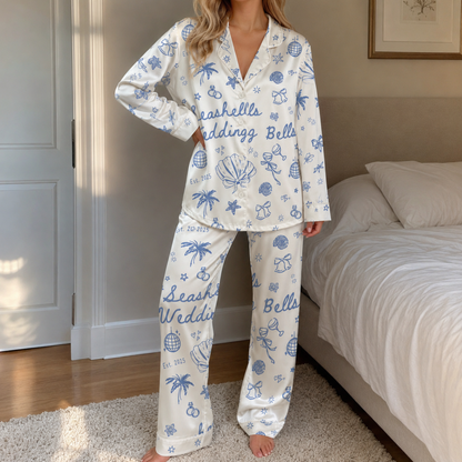 PJ-M026-Bridal Beach Wedding Seashell Disco Blue Graphic White Satin Button Down Pajama Lounge Set