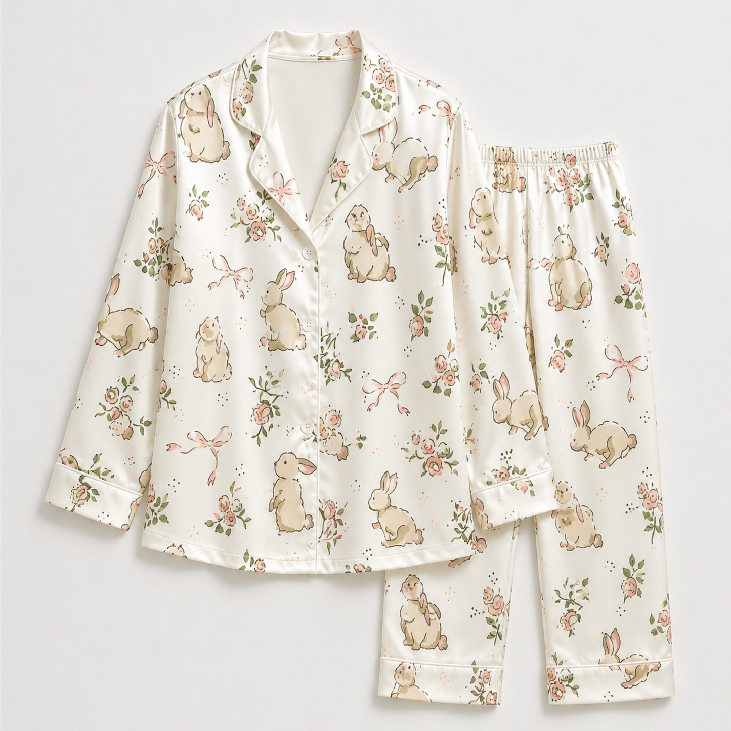 PJ-M027-Cute Watercolor Bunny And Pink Rose Floral White Satin Button Down Pajama Lounge Set