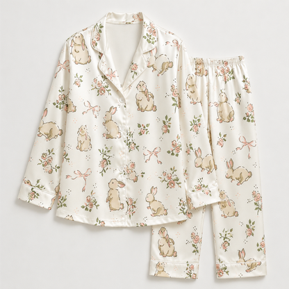 PJ-M027-Cute Watercolor Bunny And Pink Rose Floral White Satin Button Down Pajama Lounge Set