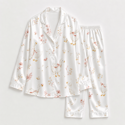 PJ-M028-Watercolor Goose And Delicate Pink Floral Print White Satin Button Down Pajama Set