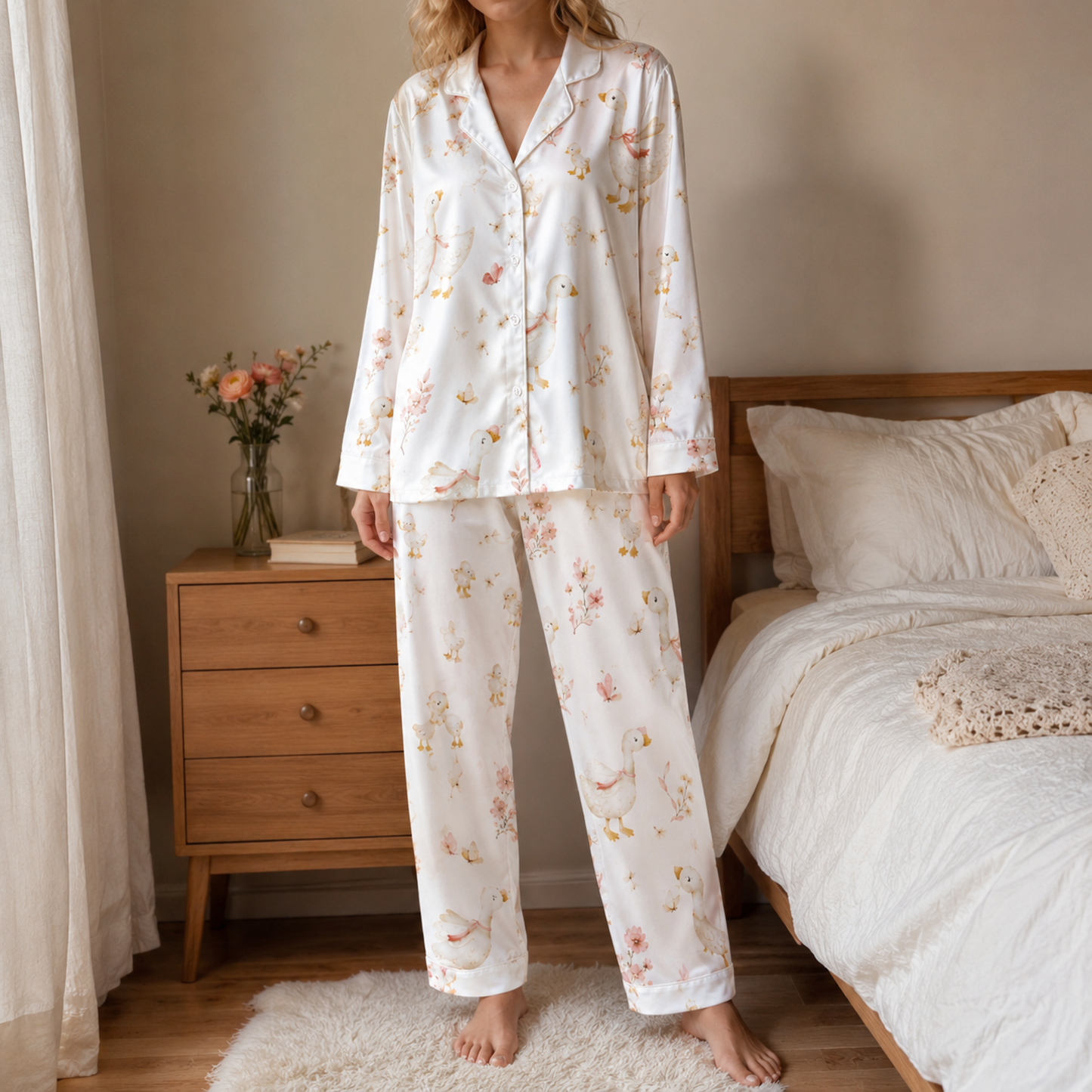 PJ-M028-Watercolor Goose And Delicate Pink Floral Print White Satin Button Down Pajama Set
