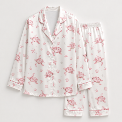 PJ-M029-Elegant Pink Ocean Turtle And Starfish Pattern White Satin Button Front Lounge Pajama Set