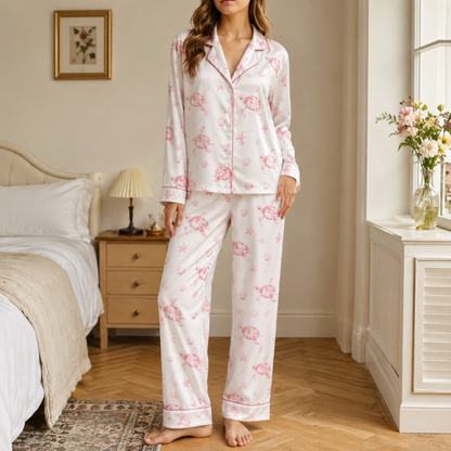 PJ-M029-Elegant Pink Ocean Turtle And Starfish Pattern White Satin Button Front Lounge Pajama Set