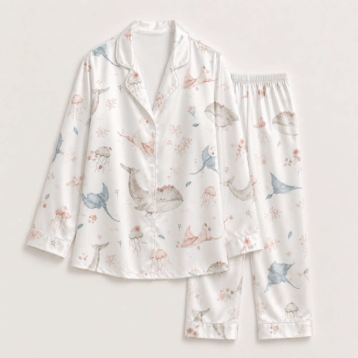 PJ-M030-Cute Pastel Stingray And Whale Floral Pattern White Satin Button Down Lounge Pajama Set